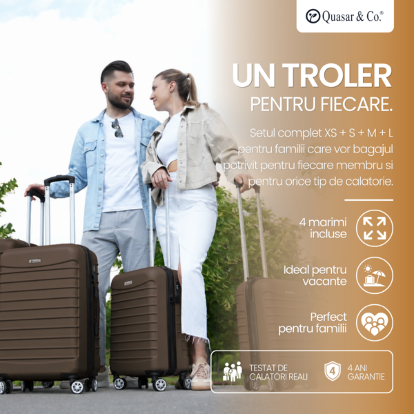 Set 4 trolere Quasar & Co.®, XS/S/M/L, valize cu fermoar antifurt, bagaje mana/cala, cu cifru, maner telescopic, geamantane cu 4 roti duble silentioase 360°, ABS, cate 2 compartimente cu buzunar, LINE, dark coffee