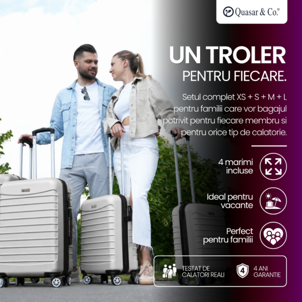 Set 4 trolere Quasar & Co.®, XS/S/M/L, valize cu fermoar antifurt, bagaje mana/cala, cu cifru, maner telescopic, geamantane cu 4 roti duble silentioase 360°, ABS, cate 2 compartimente cu buzunar, LINE, argintiu