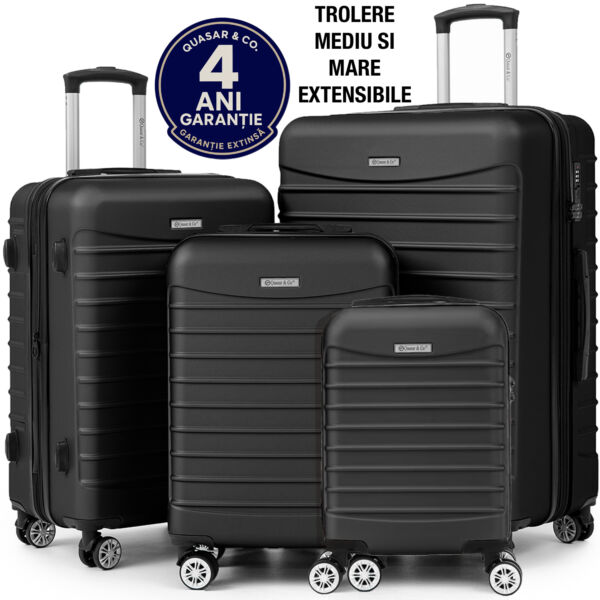 Set 4 trolere Quasar & Co.®, XS/S/M/L, valize cu fermoar antifurt, bagaje mana/cala, cu cifru, maner telescopic, geamantane cu 4 roti duble silentioase 360°, ABS, cate 2 compartimente cu buzunar, LINE, negru Set 4 trolere 2026-04-18 2