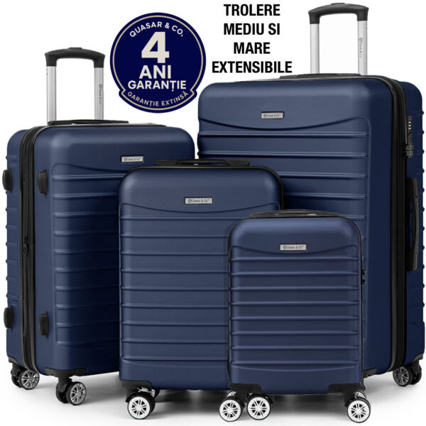 Set 4 trolere Quasar & Co.®, XS/S/M/L, valize cu fermoar antifurt, bagaje mana/cala, cu cifru, maner telescopic, geamantane cu 4 roti duble silentioase 360°, ABS, cate 2 compartimente cu buzunar, LINE, bleumarin Set 4 trolere 2026-04-18 2
