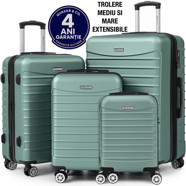 Set 4 trolere Quasar & Co.®, XS/S/M/L, valize cu fermoar antifurt, bagaje mana/cala, cu cifru, maner telescopic, geamantane cu 4 roti duble silentioase 360°, ABS, cate 2 compartimente cu buzunar, LINE, turcoaz deschis Set 4 trolere 2026-04-18 2