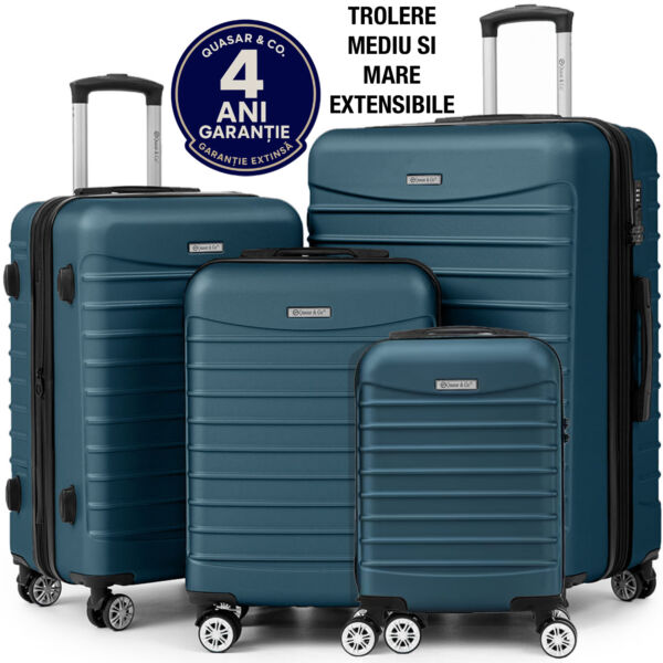 Set 4 trolere Quasar & Co.®, XS/S/M/L, valize cu fermoar antifurt, bagaje mana/cala, cu cifru, maner telescopic, geamantane cu 4 roti duble silentioase 360°, ABS, cate 2 compartimente cu buzunar, LINE, albastru petrol Set 4 trolere 2026-04-18 2