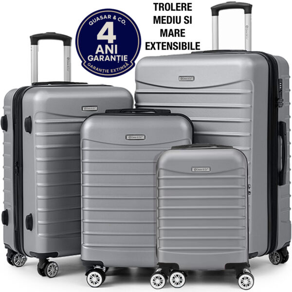 Set 4 trolere Quasar & Co.®, XS/S/M/L, valize cu fermoar antifurt, bagaje mana/cala, cu cifru, maner telescopic, geamantane cu 4 roti duble silentioase 360°, ABS, cate 2 compartimente cu buzunar, LINE, argintiu Set 4 trolere 2026-04-18 2