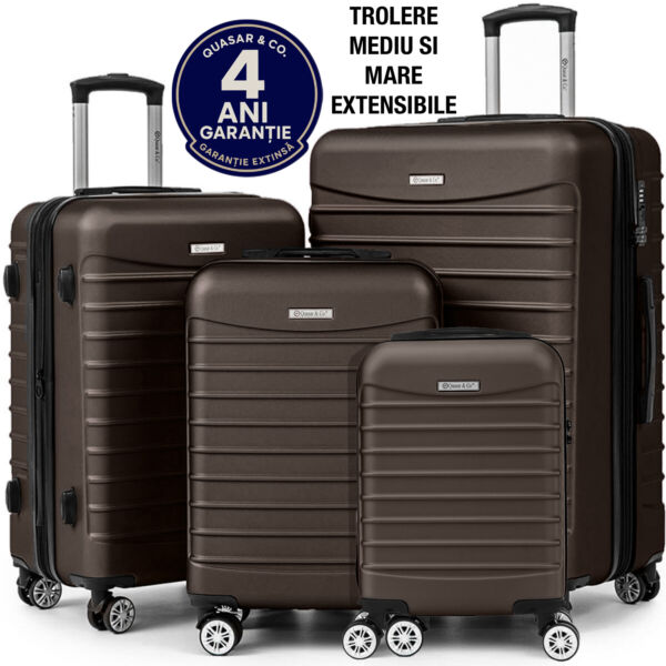 Set 4 trolere Quasar & Co.®, XS/S/M/L, valize cu fermoar antifurt, bagaje mana/cala, cu cifru, maner telescopic, geamantane cu 4 roti duble silentioase 360°, ABS, cate 2 compartimente cu buzunar, LINE, dark coffee Set 4 trolere 2026-04-18 2