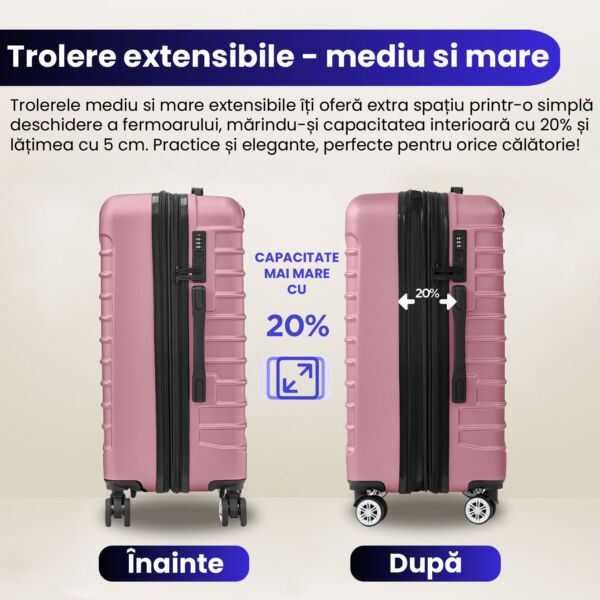 Set 4 trolere Quasar & Co.®, XS/S/M/L, valize cu fermoar antifurt, bagaje mana/cala, cu cifru, maner telescopic, geamantane cu 4 roti duble silentioase 360°, ABS, cate 2 compartimente cu buzunar, LINE, roz pudrat Set 4 trolere 2026-04-18