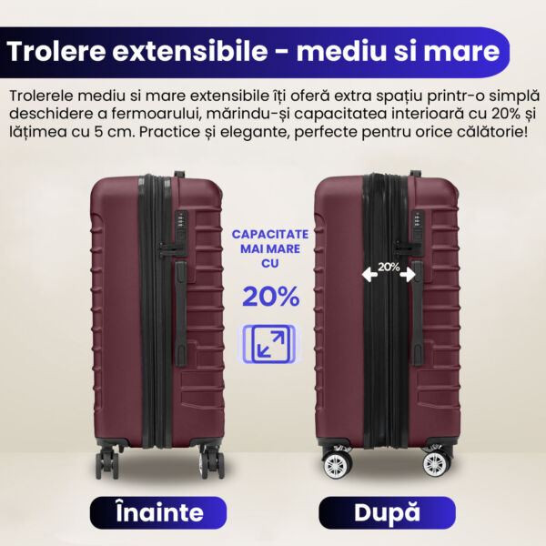 Set 4 trolere Quasar & Co.®, XS/S/M/L, valize cu fermoar antifurt, bagaje mana/cala, cu cifru, maner telescopic, geamantane cu 4 roti duble silentioase 360°, ABS, cate 2 compartimente cu buzunar, LINE, visiniu Set 4 trolere 2026-04-18