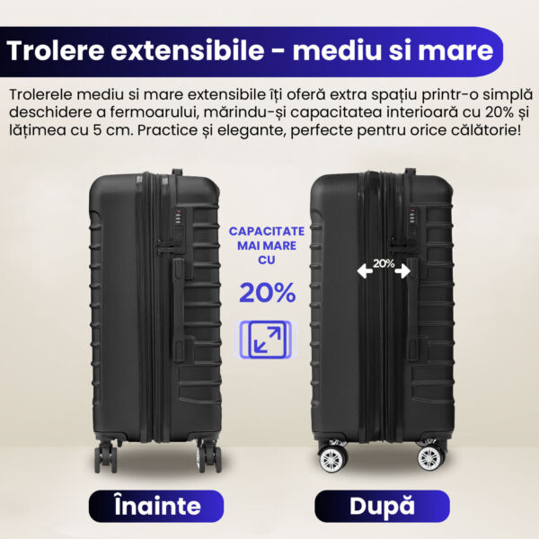 Set 4 trolere Quasar & Co.®, XS/S/M/L, valize cu fermoar antifurt, bagaje mana/cala, cu cifru, maner telescopic, geamantane cu 4 roti duble silentioase 360°, ABS, cate 2 compartimente cu buzunar, LINE, negru Set 4 trolere 2026-04-18