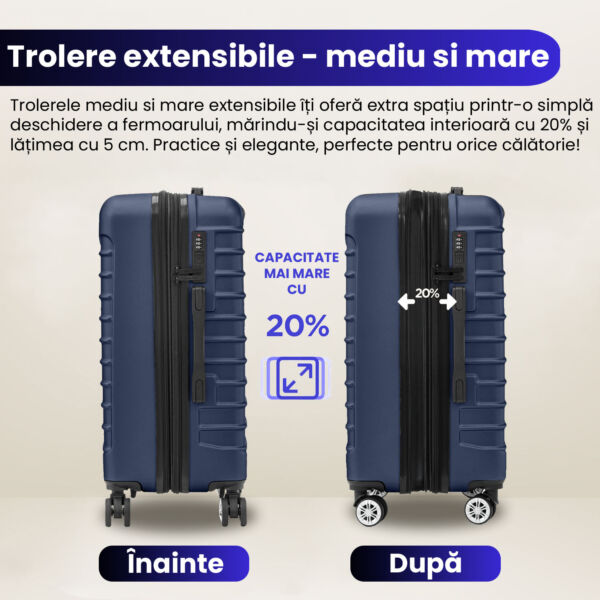 Set 4 trolere Quasar & Co.®, XS/S/M/L, valize cu fermoar antifurt, bagaje mana/cala, cu cifru, maner telescopic, geamantane cu 4 roti duble silentioase 360°, ABS, cate 2 compartimente cu buzunar, LINE, bleumarin Set 4 trolere 2026-04-18