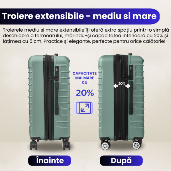 Set 4 trolere Quasar & Co.®, XS/S/M/L, valize cu fermoar antifurt, bagaje mana/cala, cu cifru, maner telescopic, geamantane cu 4 roti duble silentioase 360°, ABS, cate 2 compartimente cu buzunar, LINE, turcoaz deschis Set 4 trolere 2026-04-18