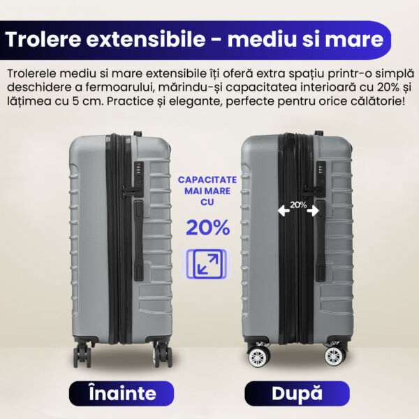 Set 4 trolere Quasar & Co.®, XS/S/M/L, valize cu fermoar antifurt, bagaje mana/cala, cu cifru, maner telescopic, geamantane cu 4 roti duble silentioase 360°, ABS, cate 2 compartimente cu buzunar, LINE, argintiu Set 4 trolere 2026-04-18