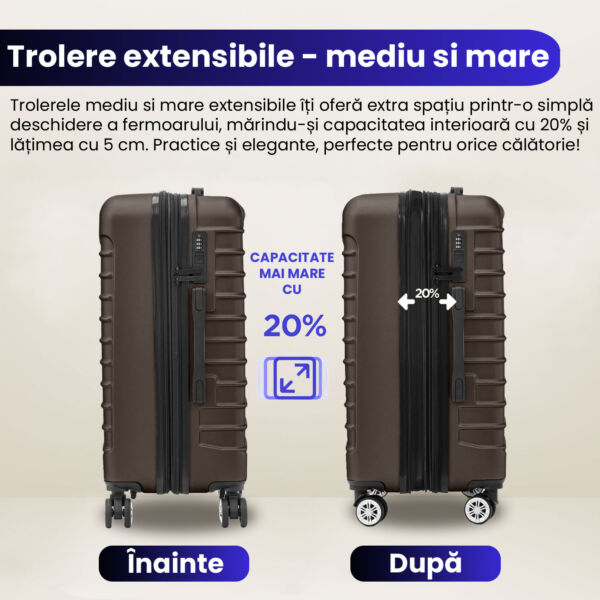 Set 4 trolere Quasar & Co.®, XS/S/M/L, valize cu fermoar antifurt, bagaje mana/cala, cu cifru, maner telescopic, geamantane cu 4 roti duble silentioase 360°, ABS, cate 2 compartimente cu buzunar, LINE, dark coffee Set 4 trolere 2026-04-18