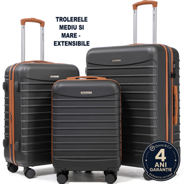 Set 3 trolere Quasar & Co.®, S/M/L, valize cu fermoar antifurt, bagaje cu cifru, maner telescopic, geamantane cu 4 roti duble silentioase 360°, ABS 2.8 mm extradur, captuseala buretata, cate 2 compartimente cu buzunar, LINE, gri/maro 2 Set 3 trolere Quasar & Co.®, S/M/L, valize cu fermoar antifurt, bagaje cu cifru, maner telescopic, geamantane cu 4 roti duble silentioase 360°, ABS 2.8 mm extradur, captuseala buretata, cate 2 compartimente cu buzunar, LINE, gri/maro