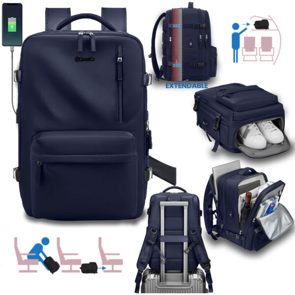 Rucsac Quasar & Co.®, bagaj de mana avion, multifunctional, extensibil, impermeabil, compartiment pantofi, compartiment laptop, sistem agatare pe troler, rucsac calatorie/voiaj pretabil drumetii/scoala, cu USB, textil, 43x30x20-28 cm bleumarin Rucsacuri 2026-04-29 2