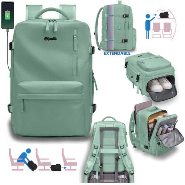Rucsac Quasar & Co.®, bagaj de mana avion, multifunctional, extensibil, impermeabil, compartiment pantofi, compartiment laptop, sistem agatare pe troler, rucsac calatorie/voiaj pretabil drumetii/scoala, cu USB, textil, 43x30x20-28 cm, turcoaz deschis Rucsacuri 2026-04-29 2