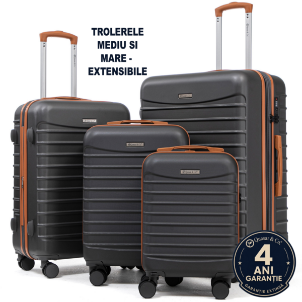 Set 4 trolere Quasar & Co.®, XS/S/M/L, valize cu fermoar antifurt, bagaje mana/cala, cu cifru, maner telescopic, geamantane cu 4 roti duble silentioase 360°, ABS, cate 2 compartimente cu buzunar, LINE, gri/maro