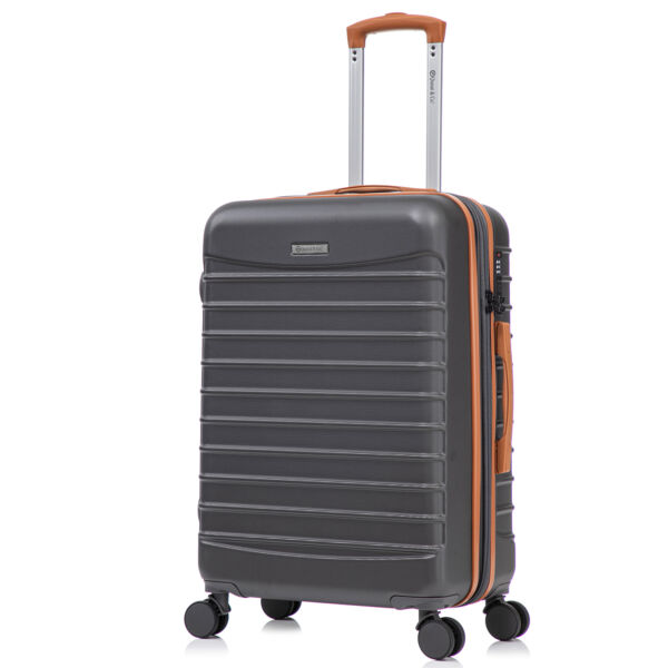 Troler mediu extensibil Quasar & Co.®, 66x41x26-31cm, bagaj de cala, troller avion cu fermoar antifurt, cifru, maner telescopic, geamantan cu 4 roti duble silentioase 360°, valiza ABS 2.8 mm, 2 compartimente cu buzunar, LINE, gri/maro Trolere medii 2026-04-18