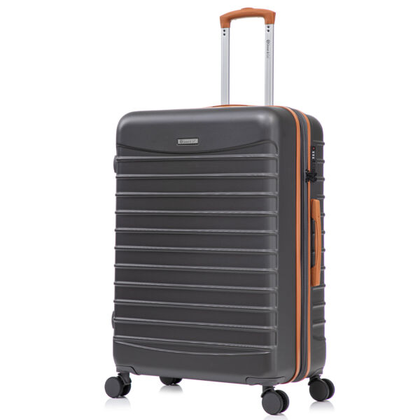 Troler mare extensibil Quasar & Co.®, 77x49x31-36cm, bagaj de cala, troller avion cu fermoar antifurt, cifru, maner telescopic, geamantan cu 4 roti duble silentioase 360°, valiza ABS 2.8 mm, 2 compartimente cu buzunar, LINE, gri/maro Trolere mari 2026-04-18