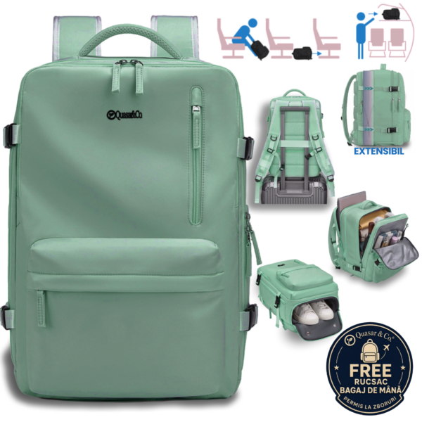 Rucsac bagaj de mana avion Quasar & Co.®, extensibil 43x30x20-28 cm, rucsac calatorie/voiaj multifunctional, impermeabil, compartiment pantofi, compartiment laptop, sistem agatare pe troler, pretabil drumetii/scoala, cu USB, textil, turcoaz deschis Rucsacuri 2026-09-16 2