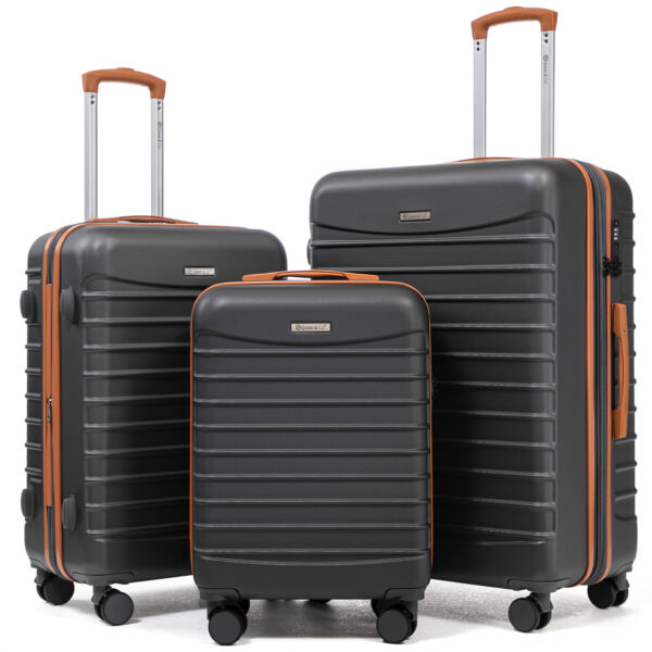 Set 3 trolere Quasar & Co.®, S/M/L, valize cu fermoar antifurt, bagaje cu cifru, maner telescopic, geamantane cu 4 roti duble silentioase 360°, ABS 2.8 mm extradur, captuseala buretata, cate 2 compartimente cu buzunar, LINE, gri/maro Set 3 trolere 2026-04-18