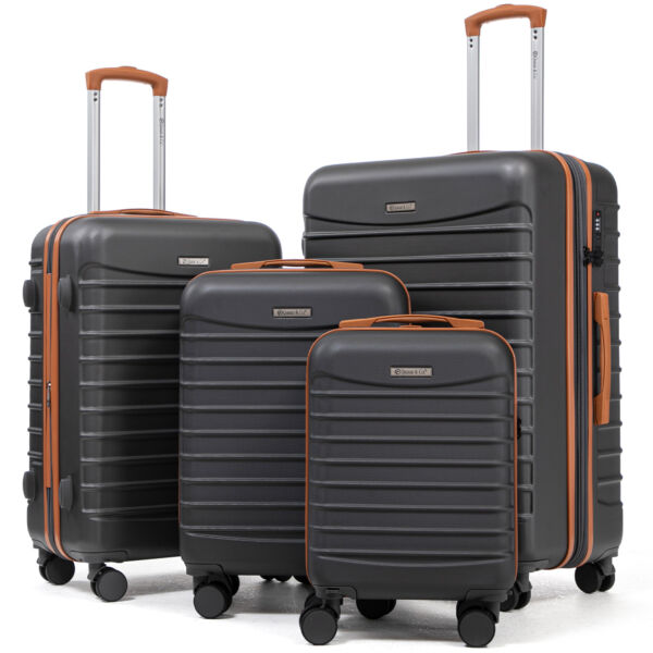 Set 4 trolere Quasar & Co.®, XS/S/M/L, valize cu fermoar antifurt, bagaje mana/cala, cu cifru, maner telescopic, geamantane cu 4 roti duble silentioase 360°, ABS, cate 2 compartimente cu buzunar, LINE, gri/maro Set 4 trolere 2026-04-18