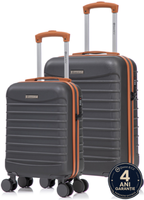 Set 2 trolere cabina Quasar & Co.®, 40x30x20 cm cu roti detasabile si 55x38x21 cm, bagaj de mana, troller cu fermoar antifurt, cifru, maner telescopic lung, geamantan 4 roti duble 360°, valiza ABS 2.8 mm rezistent, 10kg, LINE, gri/maro 14