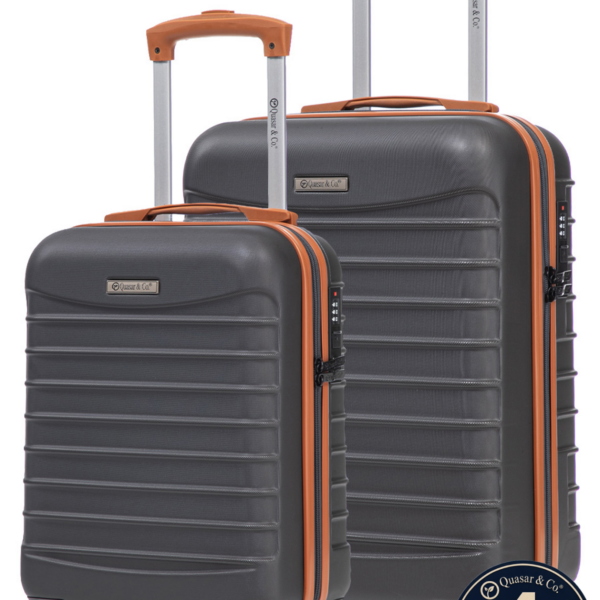 Set 2 trolere cabina Quasar & Co.®, 40x30x20 cm cu roti detasabile si 55x38x21 cm, bagaj de mana, troller cu fermoar antifurt, cifru, maner telescopic lung, geamantan 4 roti duble 360°, valiza ABS 2.8 mm rezistent, 10kg, LINE, gri/maro