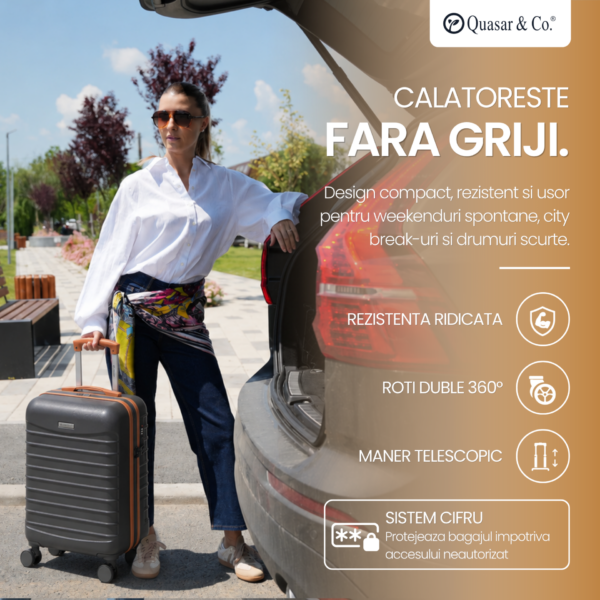 Set 2 trolere cabina Quasar & Co.®, 40x30x20 cm cu roti detasabile si 55x38x21 cm, bagaj de mana, troller cu fermoar antifurt, cifru, maner telescopic lung, geamantan 4 roti duble 360°, valiza ABS 2.8 mm rezistent, 10kg, LINE, gri/maro - imagine 12