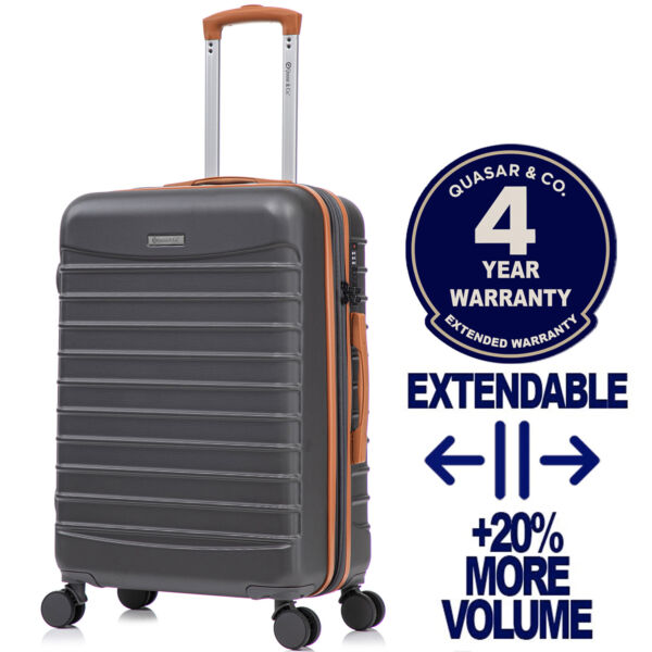 Troler mediu extensibil Quasar & Co.®, 66x41x26-31cm, bagaj de cala, troller avion cu fermoar antifurt, cifru, maner telescopic, geamantan cu 4 roti duble silentioase 360°, valiza ABS 2.8 mm, 2 compartimente cu buzunar, LINE, gri/maro Trolere medii 2026-04-18 2