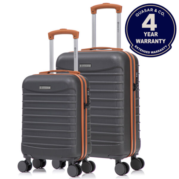 Set 2 trolere cabina Quasar & Co.®, 40x30x20 cm cu roti detasabile si 55x36x20 cm, bagaj de mana, troller cu fermoar antifurt, cifru, maner telescopic lung, geamantan 4 roti duble 360°, valiza ABS 2.8 mm rezistent, 10kg, LINE, gri/maro
