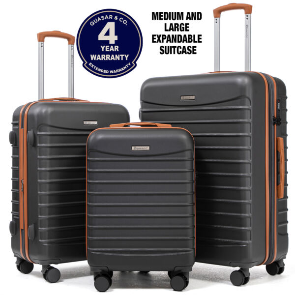 Set 3 trolere Quasar & Co.®, S/M/L, valize cu fermoar antifurt, bagaje cu cifru, maner telescopic, geamantane cu 4 roti duble silentioase 360°, ABS 2.8 mm extradur, captuseala buretata, cate 2 compartimente cu buzunar, LINE, gri/maro Set 3 trolere 2026-04-18 2