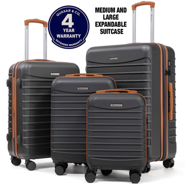 Set 4 trolere Quasar & Co.®, XS/S/M/L, valize cu fermoar antifurt, bagaje mana/cala, cu cifru, maner telescopic, geamantane cu 4 roti duble silentioase 360°, ABS, cate 2 compartimente cu buzunar, LINE, gri/maro Set 4 trolere 2026-04-18 2