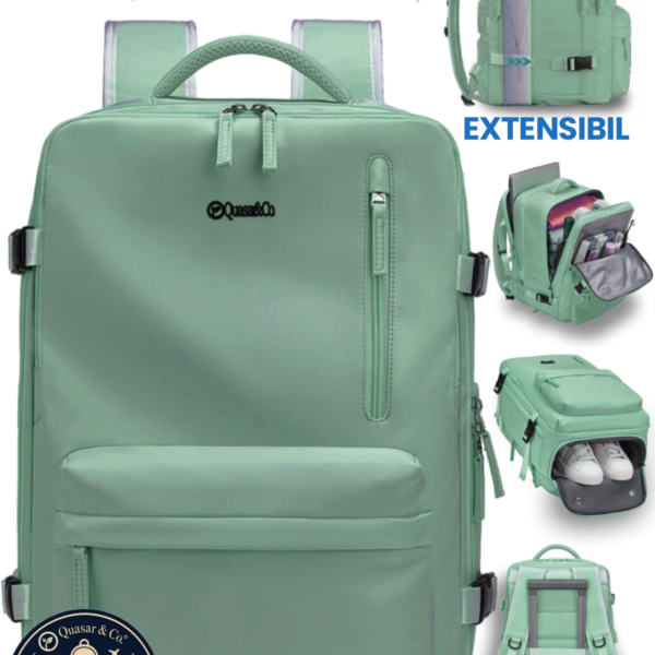 Rucsac bagaj de mana avion Quasar & Co.®, extensibil 43x30x20-28 cm, rucsac calatorie/voiaj multifunctional, impermeabil, compartiment pantofi, compartiment laptop, sistem agatare pe troler, pretabil drumetii/scoala, cu USB, textil, turcoaz deschis