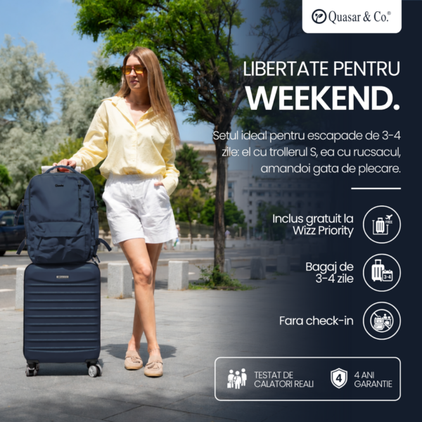Set troler cabina si rucsac Quasar & Co.®, 55x38x21cm/43x30x20 cm, bagaj de mana, troller cu rucsac calatorie avion, Priority Pack, ABS/pes, bleumarin