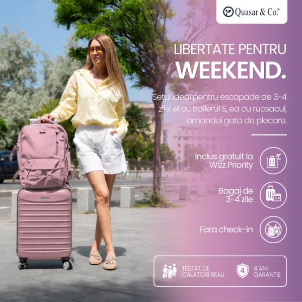 Set troler cabina si rucsac Quasar & Co.®, 55x38x21cm/43x30x20 cm, bagaj de mana, troller cu rucsac calatorie avion, Priority Pack-Line, ABS/pes, roz pudrat