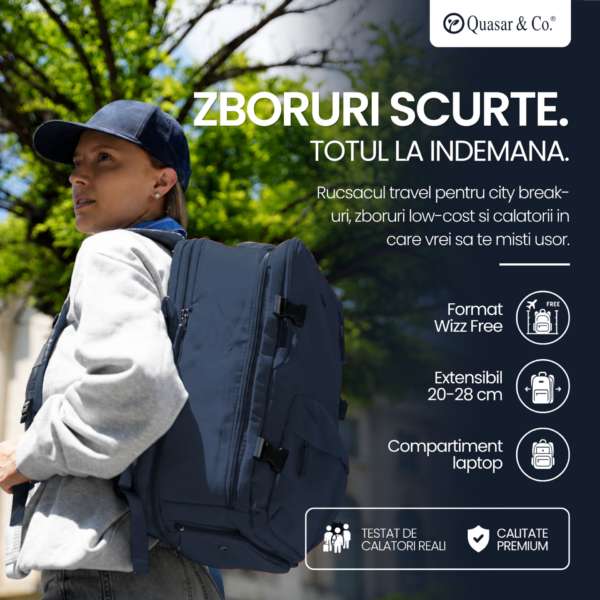 Rucsac bagaj de mana avion Quasar & Co.®, extensibil 43x30x20-28 cm, rucsac calatorie/voiaj multifunctional, impermeabil, compartiment pantofi, compartiment laptop, sistem agatare pe troler, pretabil drumetii/scoala, cu USB, textil, bleumarin