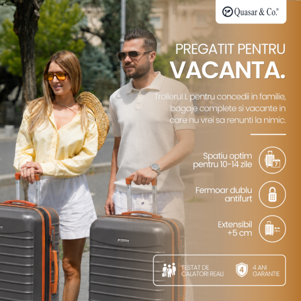 Troler mare extensibil Quasar & Co.®, 77x53x32-37cm, bagaj de cala, troller avion cu fermoar antifurt, cifru, maner telescopic, geamantan cu 4 roti duble silentioase 360°, valiza ABS 2.8 mm, 2 compartimente cu buzunar, LINE, gri/maro Troler mare extensibil Quasar & Co.®, 77x53x32-37cm, bagaj de cala, troller avion cu fermoar antifurt, cifru, maner telescopic, geamantan cu 4 roti duble silentioase 360°, valiza ABS 2.8 mm, 2 compartimente cu buzunar, LINE, gri/maro