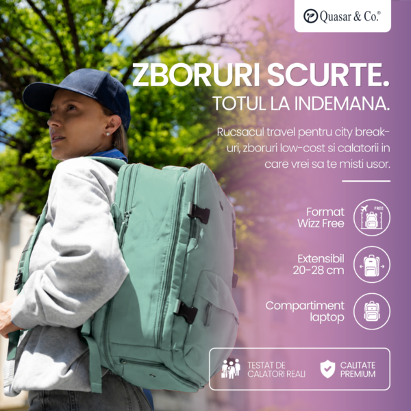 Rucsac bagaj de mana avion Quasar & Co.®, extensibil 43x30x20-28 cm, rucsac calatorie/voiaj multifunctional, impermeabil, compartiment pantofi, compartiment laptop, sistem agatare pe troler, pretabil drumetii/scoala, cu USB, textil, turcoaz deschis Rucsacuri 2026-09-16