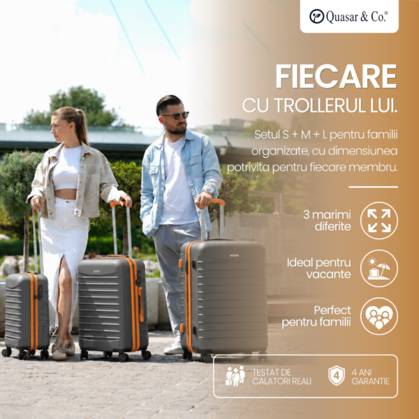 Set 3 trolere Quasar & Co.®, S/M/L, valize cu fermoar antifurt, bagaje cu cifru, maner telescopic, geamantane cu 4 roti duble silentioase 360°, ABS 2.8 mm extradur, captuseala buretata, cate 2 compartimente cu buzunar, LINE, gri/maro Set 3 trolere Quasar & Co.®, S/M/L, valize cu fermoar antifurt, bagaje cu cifru, maner telescopic, geamantane cu 4 roti duble silentioase 360°, ABS 2.8 mm extradur, captuseala buretata, cate 2 compartimente cu buzunar, LINE, gri/maro