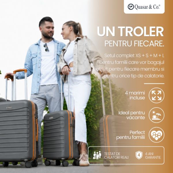Set 4 trolere Quasar & Co.®, XS/S/M/L, valize cu fermoar antifurt, bagaje mana/cala, cu cifru, maner telescopic, geamantane cu 4 roti duble silentioase 360°, ABS, cate 2 compartimente cu buzunar, LINE, gri/maro
