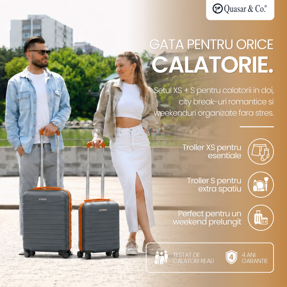 Set 2 trolere cabina Quasar & Co.®, 40x30x20 cm cu roti detasabile si 55x38x21 cm, bagaj de mana, troller cu fermoar antifurt, cifru, maner telescopic lung, geamantan 4 roti duble 360°, valiza ABS 2.8 mm rezistent, 10kg, LINE, gri/maro 2