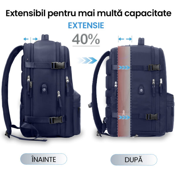 Rucsac Quasar & Co.®, bagaj de mana avion, multifunctional, extensibil, impermeabil, compartiment pantofi, compartiment laptop, sistem agatare pe troler, rucsac calatorie/voiaj pretabil drumetii/scoala, cu USB, textil, 43x30x20-28 cm bleumarin Rucsacuri 2026-04-29