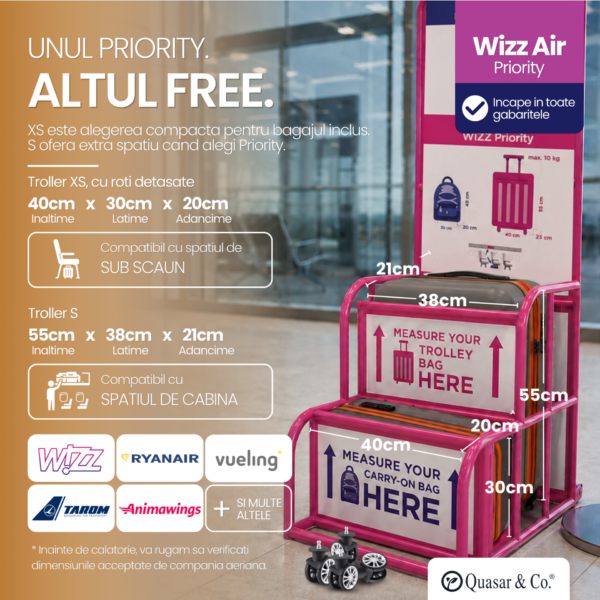 Set 2 trolere cabina Quasar & Co.®, 40x30x20 cm cu roti detasabile si 55x38x21 cm, bagaj de mana, troller cu fermoar antifurt, cifru, maner telescopic lung, geamantan 4 roti duble 360°, valiza ABS 2.8 mm rezistent, 10kg, LINE, gri/maro - imagine 3