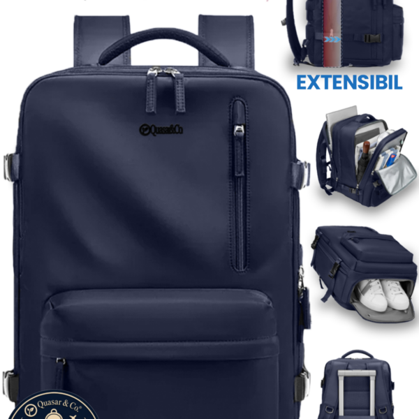 Rucsac bagaj de mana avion Quasar & Co.®, extensibil 43x30x20-28 cm, rucsac calatorie/voiaj multifunctional, impermeabil, compartiment pantofi, compartiment laptop, sistem agatare pe troler, pretabil drumetii/scoala, cu USB, textil, bleumarin