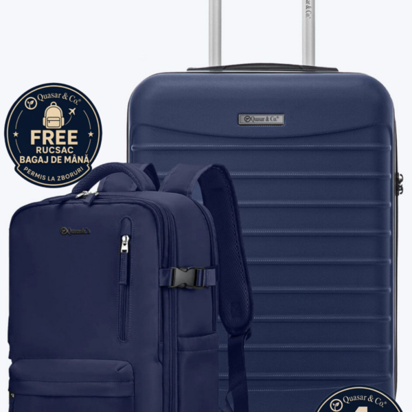 Set troler cabina si rucsac Quasar & Co.®, 55x38x21cm/43x30x20 cm, bagaj de mana, troller cu rucsac calatorie avion, Priority Pack, ABS/pes, bleumarin