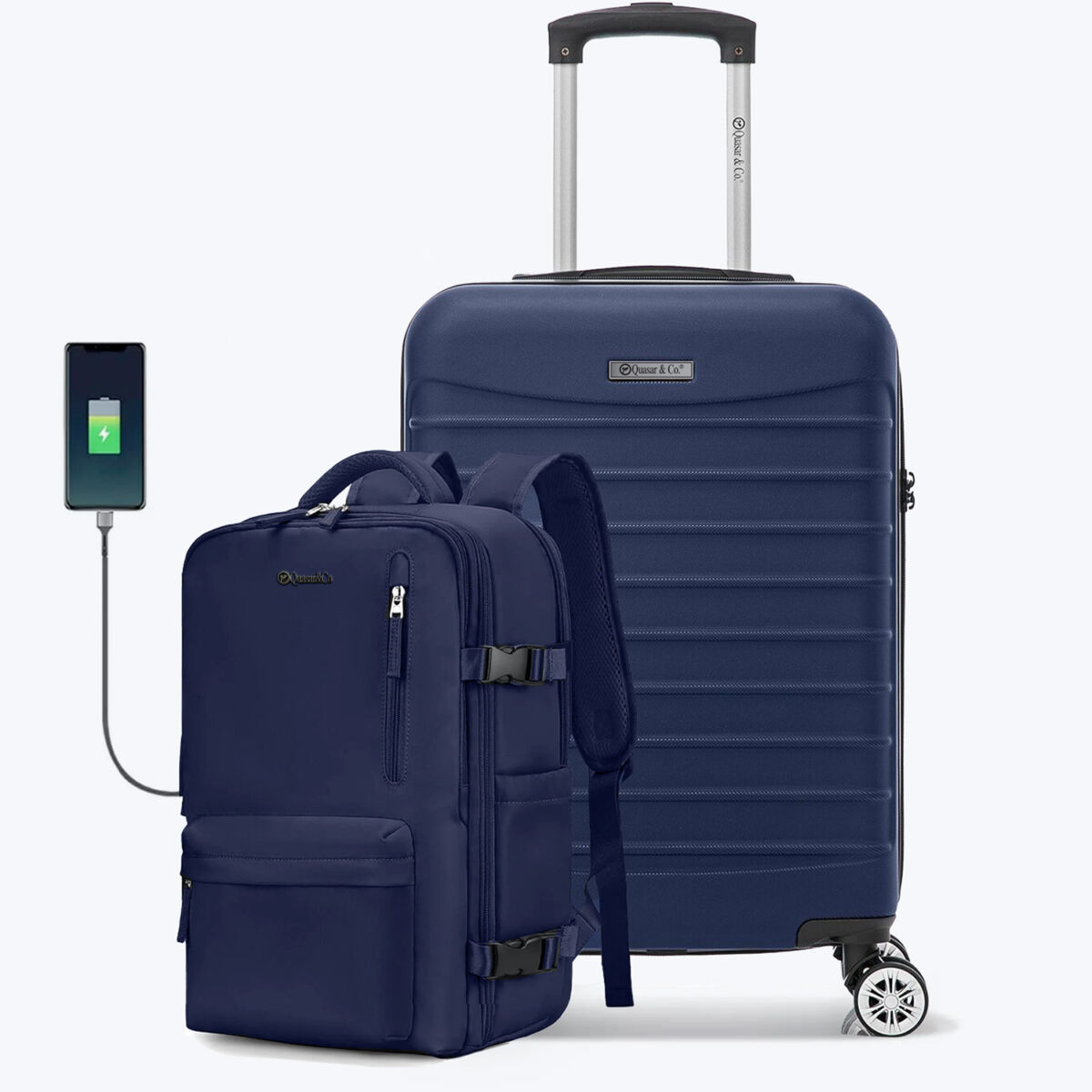 45051016-1 Set troler cabina si rucsac Quasar & Co.®, 55x35x20cm/43x30x20 cm, bagaj de mana, troller cu rucsac calatorie avion, Priority Pack, ABS/pes, bleumarin