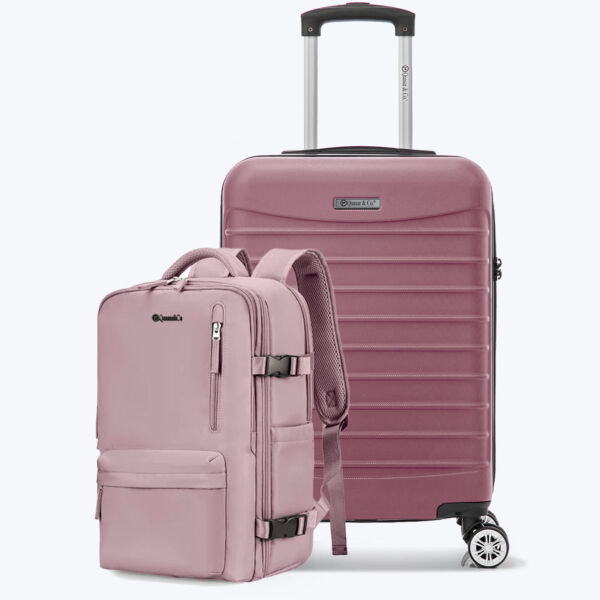 Set troler cabina si rucsac Quasar & Co.®, 55x35x20cm/43x30x20 cm, bagaj de mana, troller cu rucsac calatorie avion, Priority Pack-Line, ABS/pes, roz pudrat