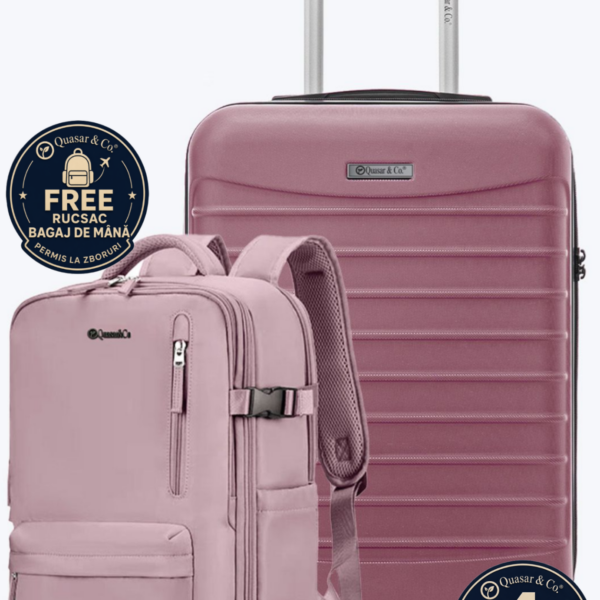 Set troler cabina si rucsac Quasar & Co.®, 55x38x21cm/43x30x20 cm, bagaj de mana, troller cu rucsac calatorie avion, Priority Pack-Line, ABS/pes, roz pudrat