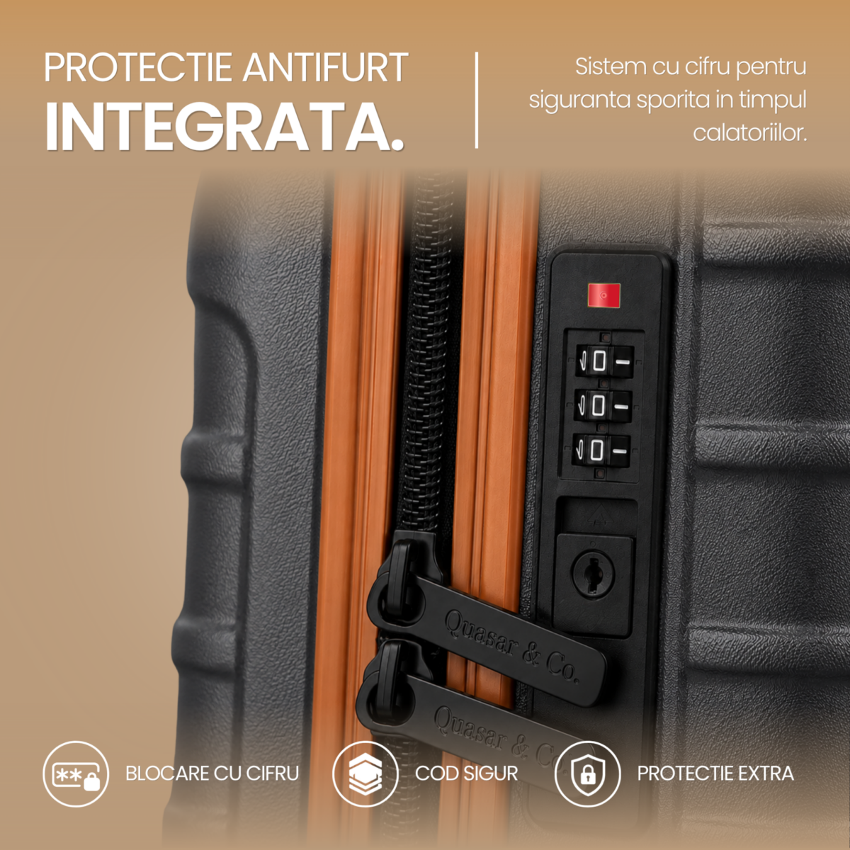 Set 2 trolere cabina Quasar & Co.®, 40x30x20 cm cu roti detasabile si 55x38x21 cm, bagaj de mana, troller cu fermoar antifurt, cifru, maner telescopic lung, geamantan 4 roti duble 360°, valiza ABS 2.8 mm rezistent, 10kg, LINE, gri/maro 5
