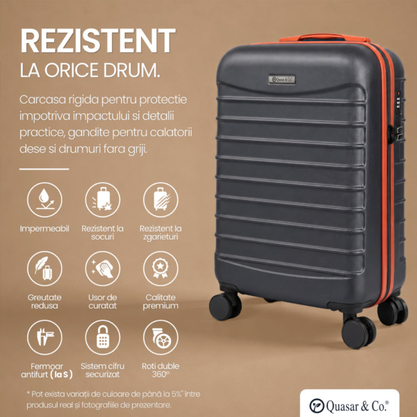 Set 2 trolere cabina Quasar & Co.®, 40x30x20 cm cu roti detasabile si 55x38x21 cm, bagaj de mana, troller cu fermoar antifurt, cifru, maner telescopic lung, geamantan 4 roti duble 360°, valiza ABS 2.8 mm rezistent, 10kg, LINE, gri/maro - imagine 6