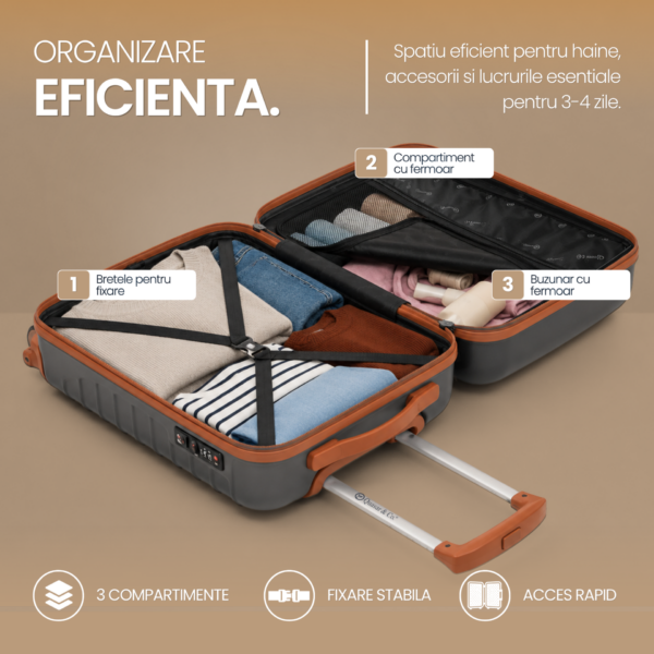 Set 2 trolere cabina Quasar & Co.®, 40x30x20 cm cu roti detasabile si 55x38x21 cm, bagaj de mana, troller cu fermoar antifurt, cifru, maner telescopic lung, geamantan 4 roti duble 360°, valiza ABS 2.8 mm rezistent, 10kg, LINE, gri/maro - imagine 8
